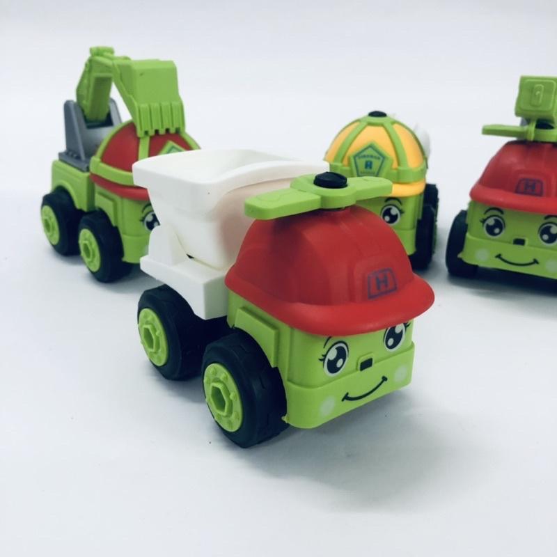 Ô tô đồ chơi lăp ráp công trình mặt cười dễ thương cho bé, combo 4 xe và tua vít lắp ráp