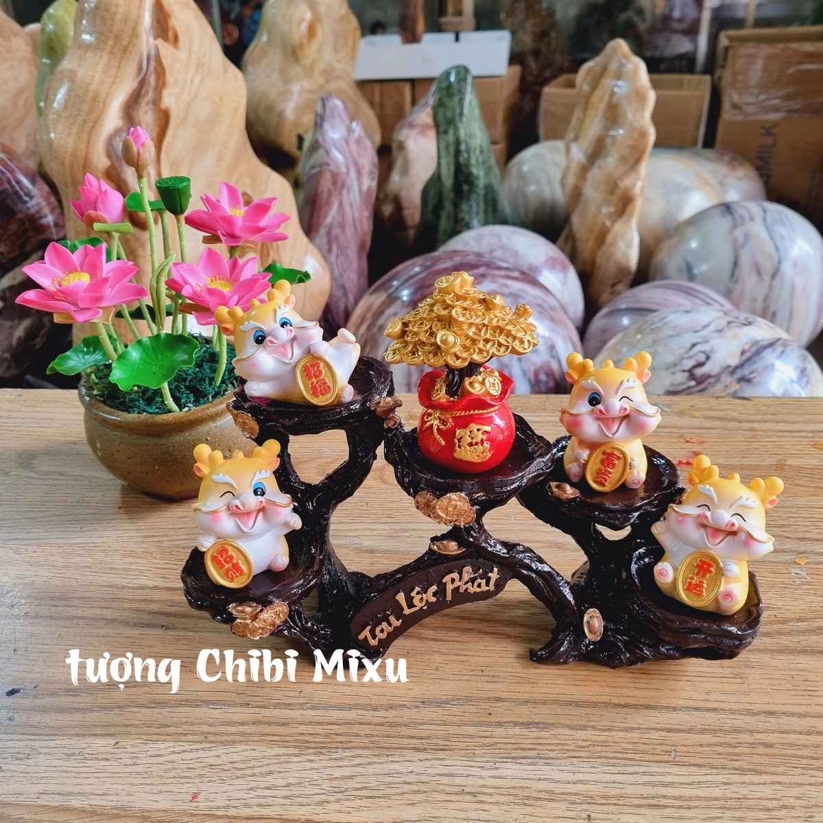 Bộ 04 tượng Rồng vàng kèm cây tiền và chân đế ngang Tài Lộc Phát Giàu có Đồ trang trí Quà tặng