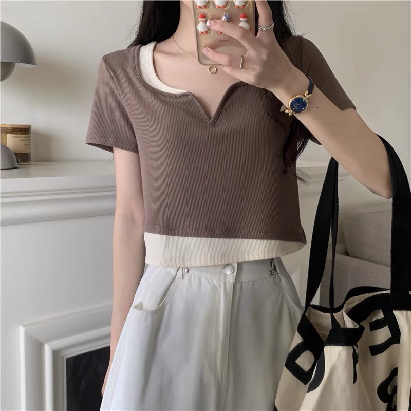 Áo croptop nữ ngắn tay phối màu độc đáo chất liệu len tăm thấm hút mồ hôi tốt áo croptop cổ v cách điệu phù hợp đi chơi