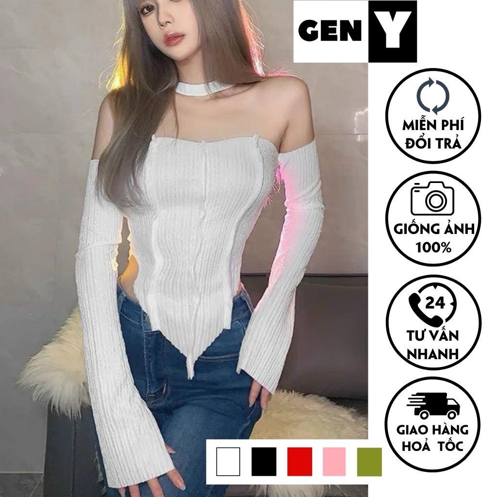 Áo croptop tay dài trễ vai dáng ôm GenY - áo kiểu nữ xẻ tà chất thun gân mềm mịn