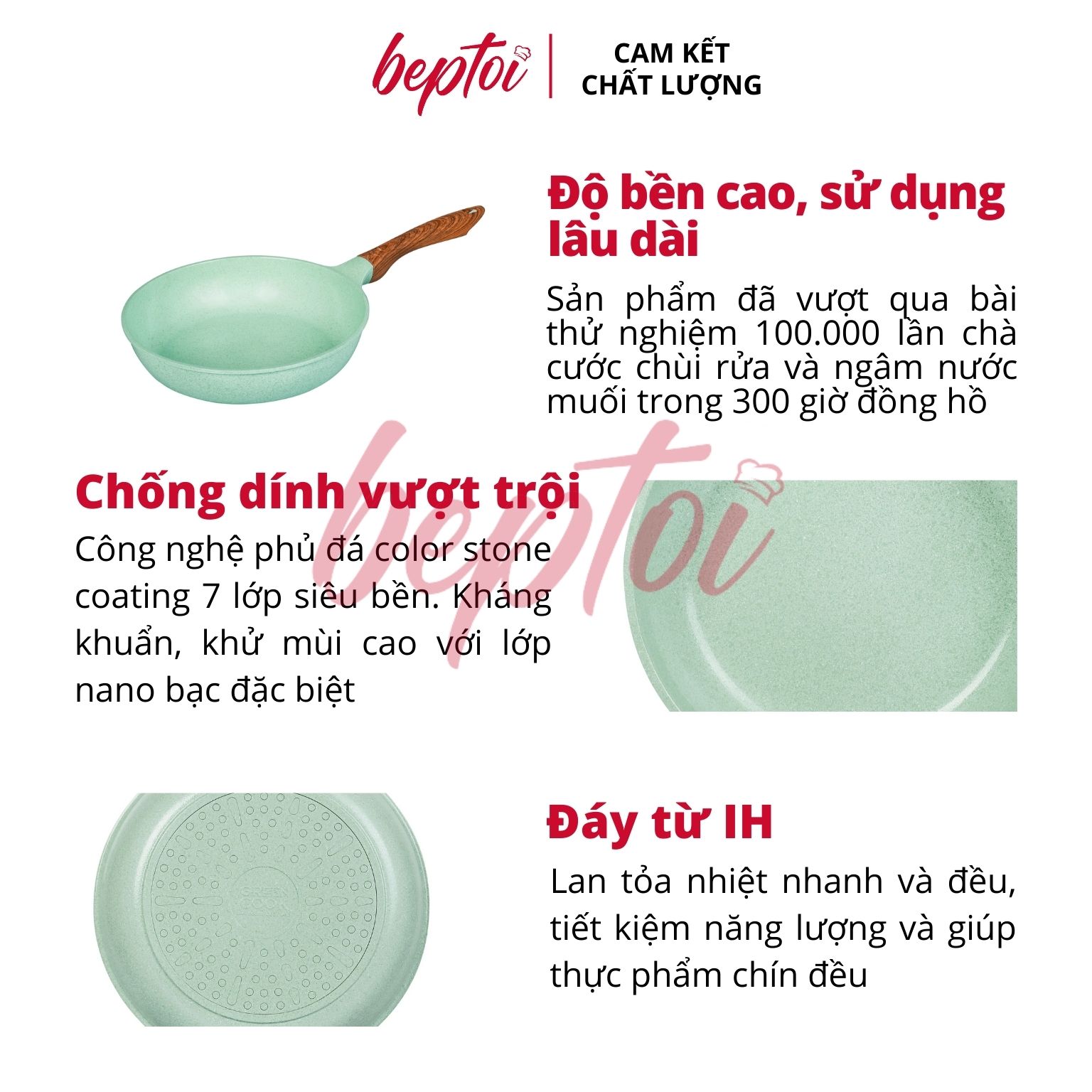 Chảo đúc đáy từ chống dính men đá ceramic xanh ngọc Green Cook GCP06 size 20-24-26-28 cm công nghệ Hàn Quốc