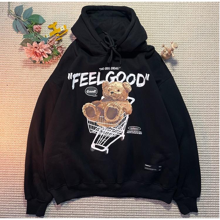 ÁO KHOÁC HOODIE NAM NỮ FORM RỘNG TAY PHỒNG MÀU BE VẢI NỈ DÀY MỊN, ÁO HOODIE UNISEX IN GẤU FEELGOOD