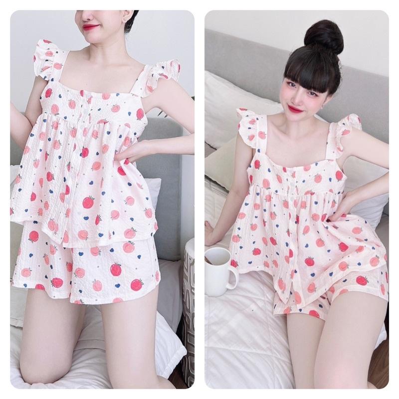 Đồ Bộ Mặc Nhà Nữ - Bộ Đồ Ngủ 2 Dây lụa xốp quảng châu, tay cánh tiên, Freesize 40-75kg, tuỳ chiều cao - HÌNH CHỤP THẬT