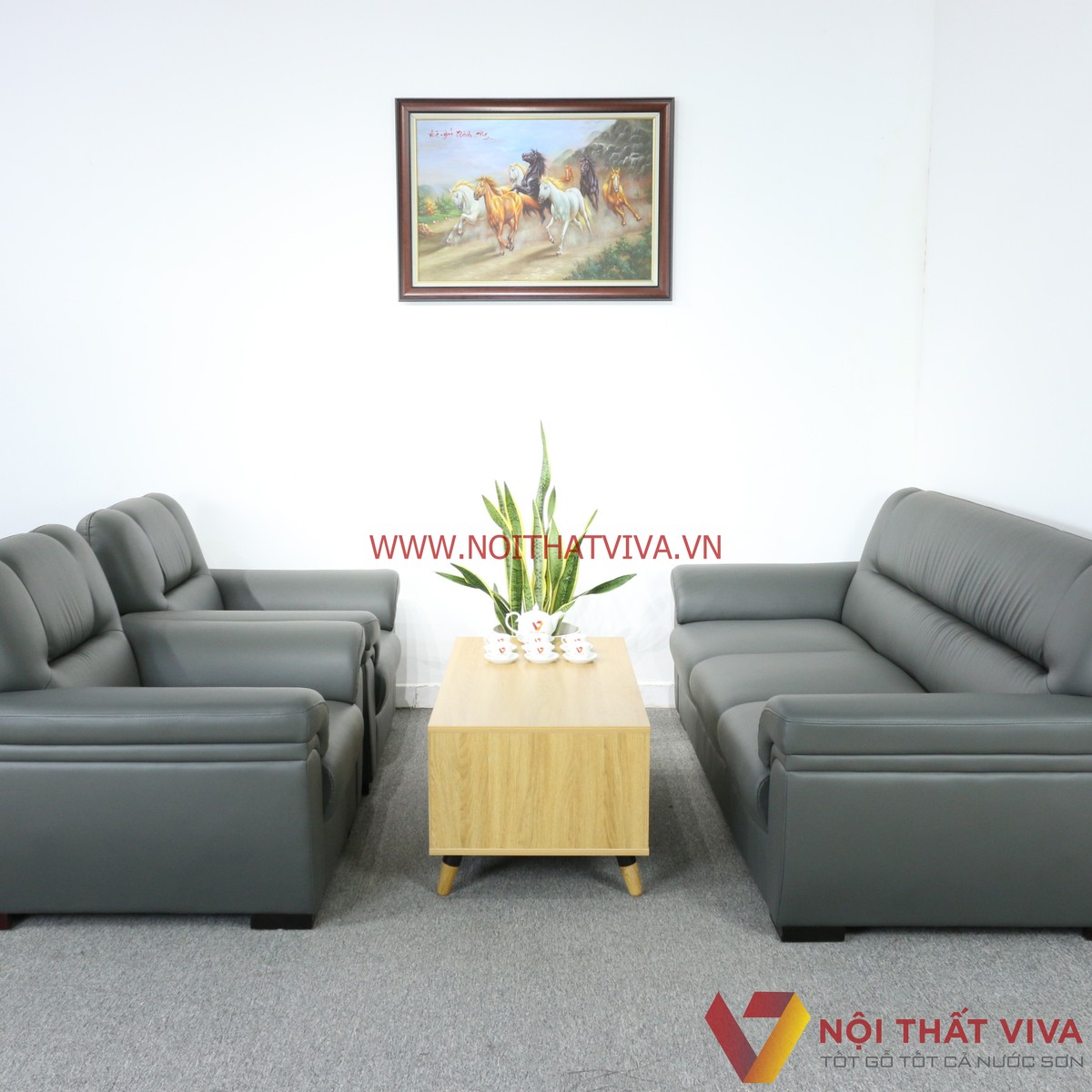 Bộ Sofa Bọc Da Kiểu Đối Màu Xanh Đen Bàn Gỗ MDF Đẹp Hiện Đại