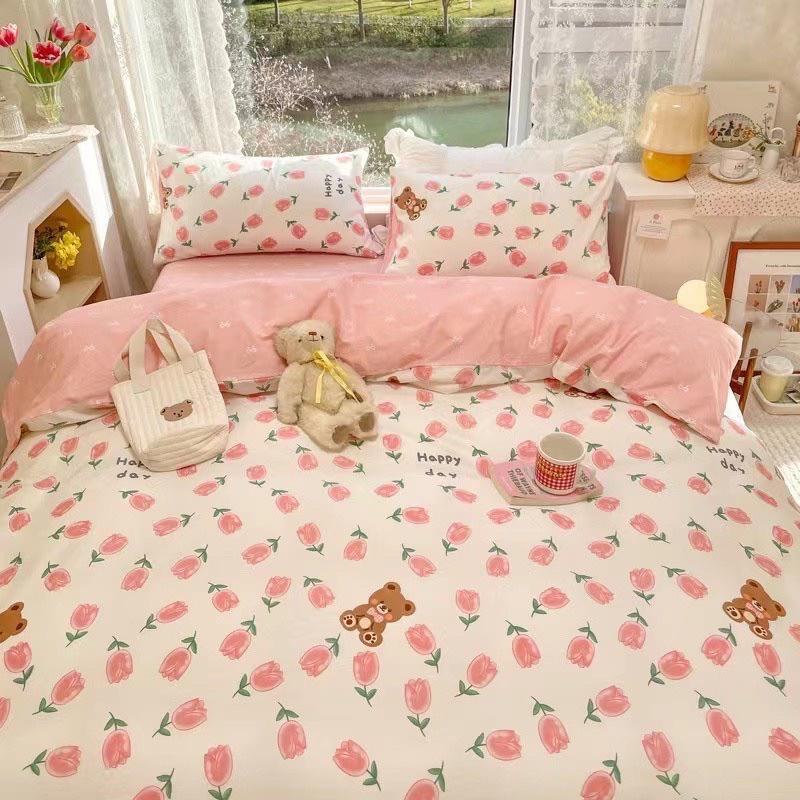 Bô Chăn Ga Gối Cotton Living 100%cotton Hàng Nhập Khẩu Cao Cấp 4 Món Hoa Nhí Hồng