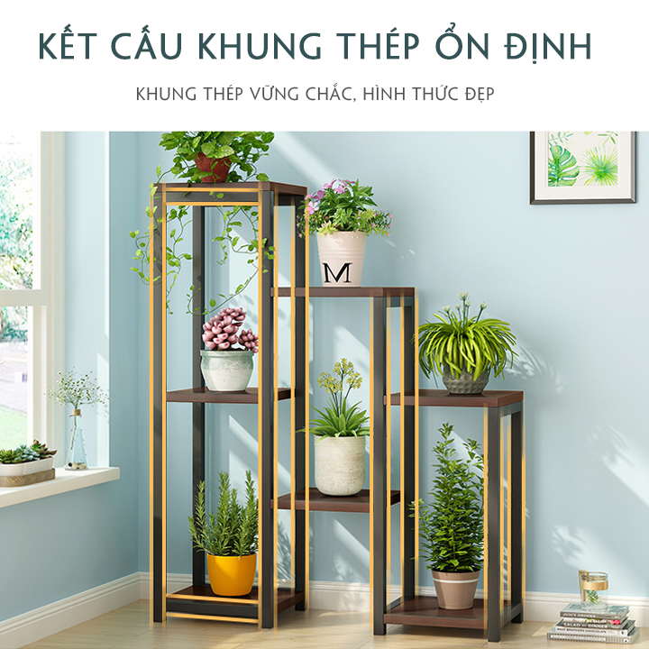 Kệ hoa 3 tầng phòng khách khung thép chắc chắn 2 màu trắng đen, Kệ trang trí cây cảnh để hoa