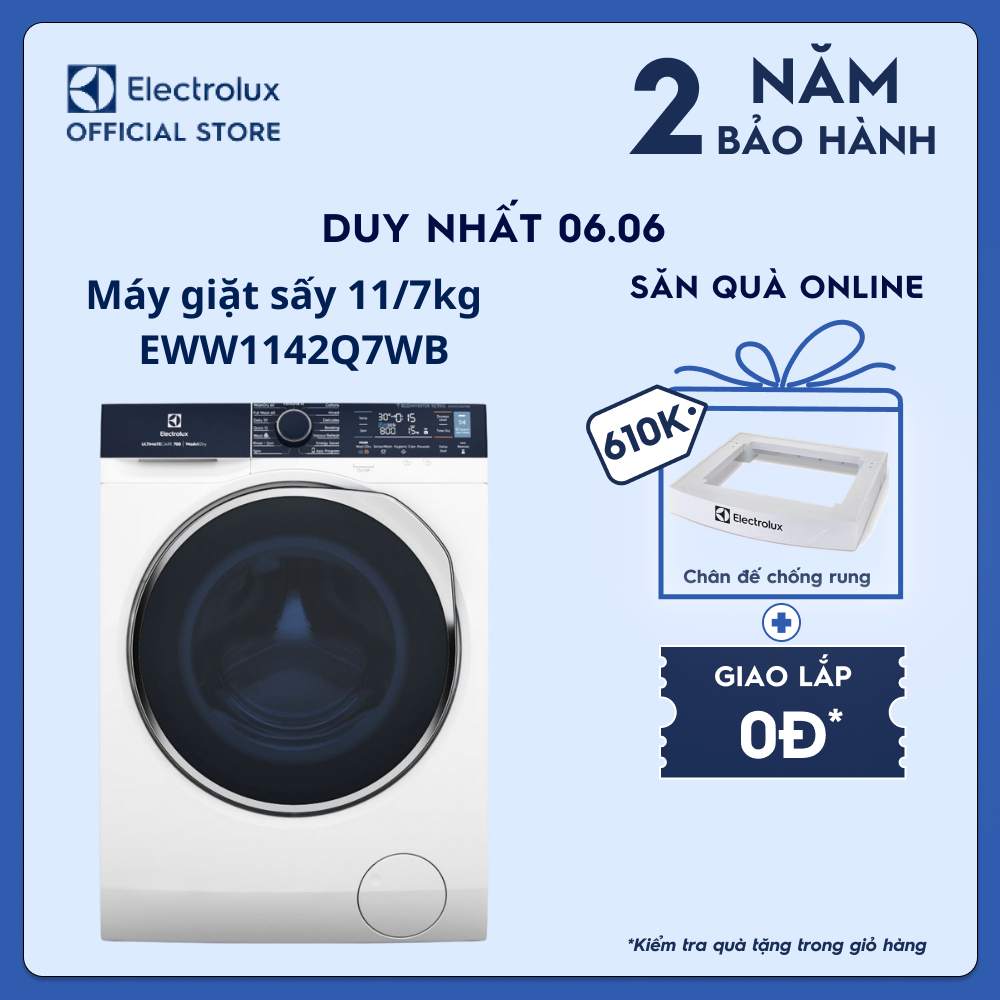 [Free Giao lắp] Máy giặt sấy Electrolux 11/7kg EWW1142Q7WB - Loại bỏ 49 loại vết bẩn, giặt hơi nước diệt vi khuẩn, giảm nhăn, làm mới quần áo, kết nối Wifi [Hàng chính hãng]