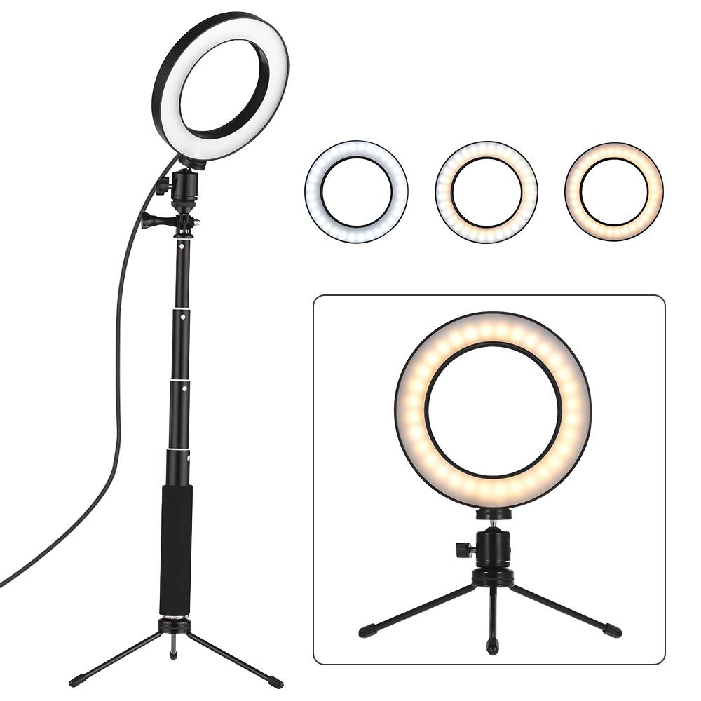 6 Inch Mini LED Video Ring Light Lamp Dimmable 3 Lighting Modes USB Powered with Telescopic Light Stand Mini Desktop