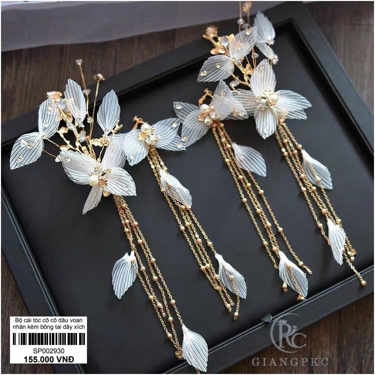 Bộ cài tóc cô cô dâu voan nhăn kèm bông tai dây xích tua rua Giangpkc sp002930