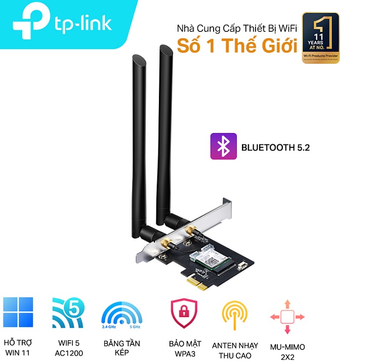 Cạc mạng không dây TP-Link PCI-E Archer T5E AC1200Mbps, 2 Ăng ten ngoài- Bluetooth - Hàng Chính Hãng