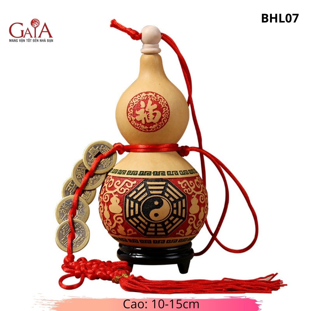 Bầu hồ lô trái tự nhiên điêu khắc các họa tiết may mắn, đi kèm xâu đồng xu ngũ đế kích tài lộc
