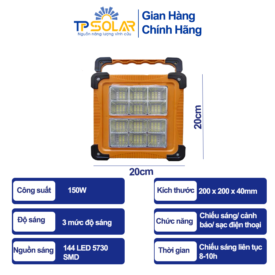 Đèn Pin Đa Năng Cầm Tay Năng Lượng Mặt Trời TP Solar TP-X150 Công Suất 150W 4 Chế Độ Sáng, Chống Nước IP65