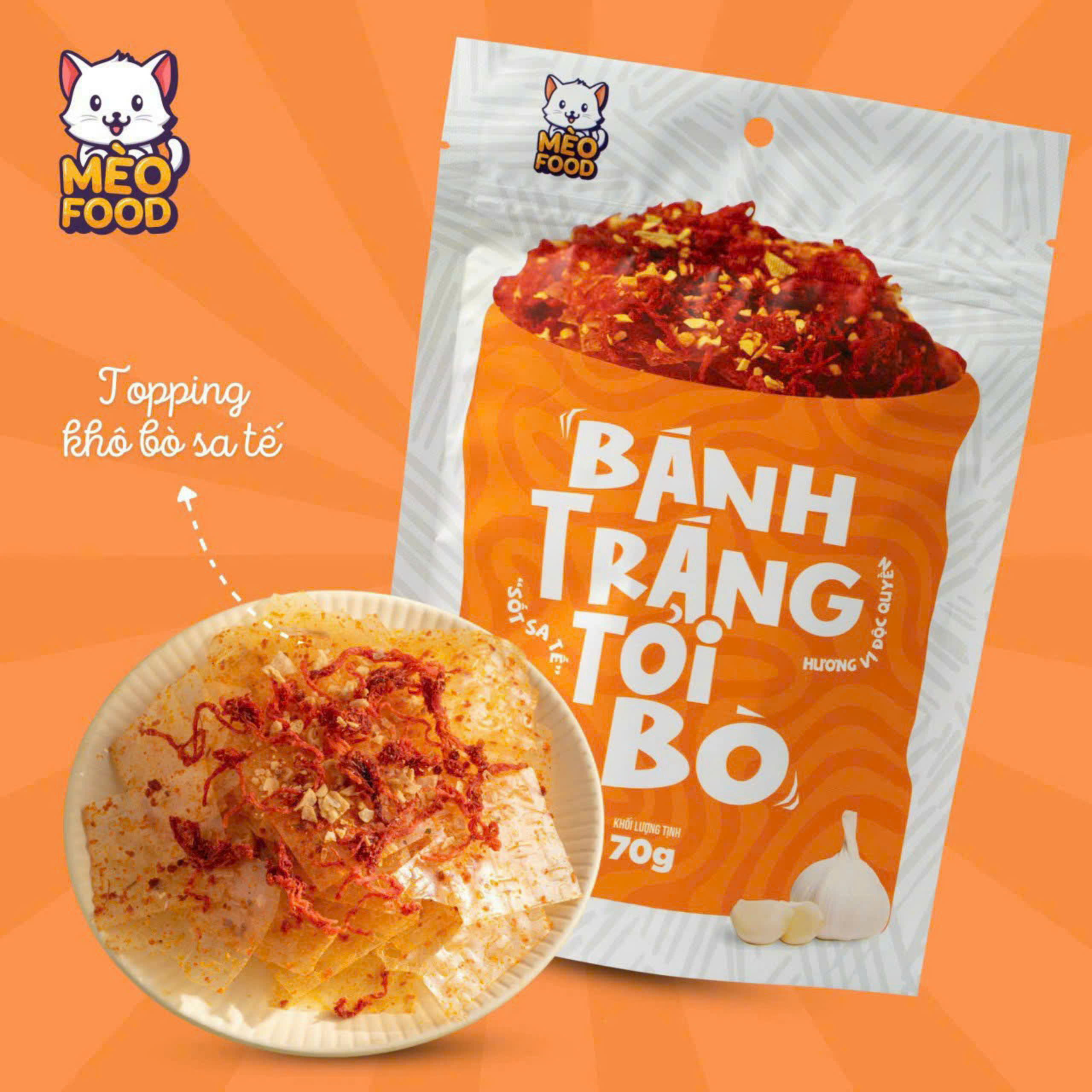 Bánh tráng trộn tỏi bò -Cuộn tôm bơ - Hoàng kim /Mèo food 70G