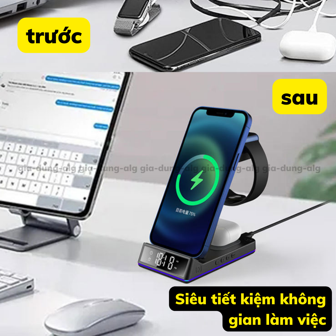 Đế Sạc Không Dây 15W 5 in 1 dành cho 1phone Android - Đế sạc nhanh không dây kiêm báo thức đèn ngủ