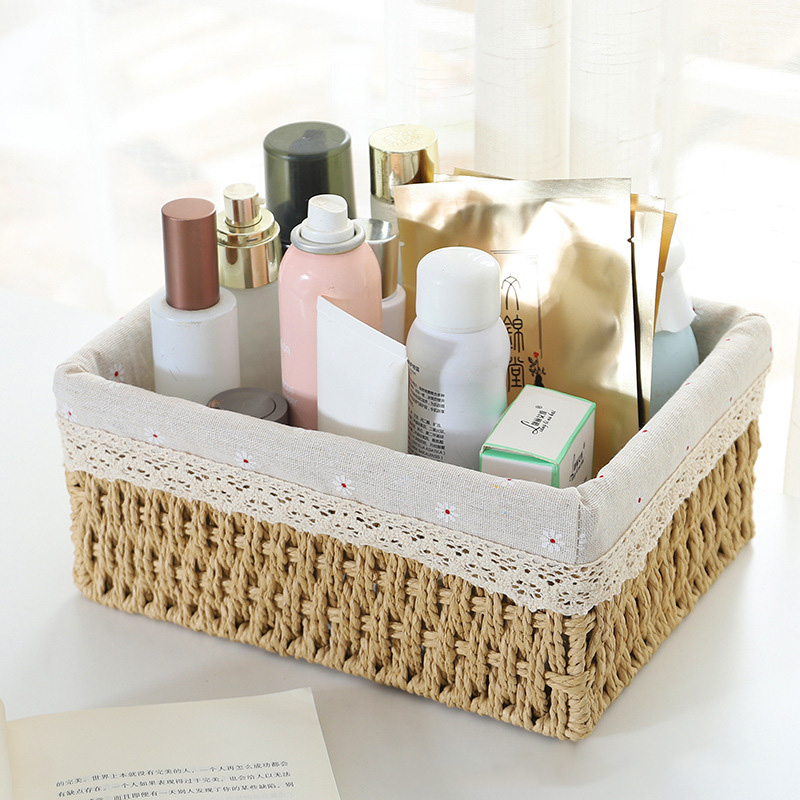 Giỏ Cói, Rổ Cói Vintage Có Vải Lót Hình Chữ Nhật  - Phù Hợp Để Phòng Khách, Đựng Đồ Trang Tri Bàn Làm Việc Gọn Gàng Xinh Xắn