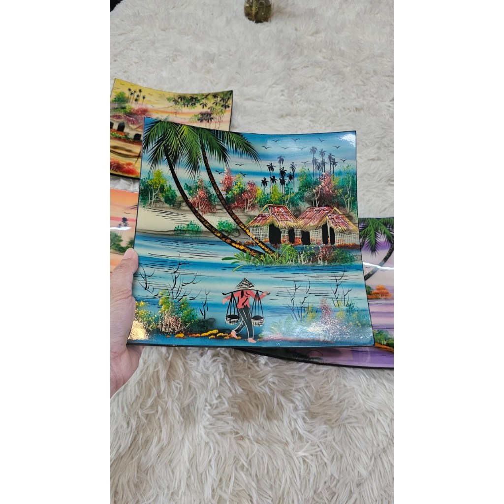 Dĩa vuông sơn mài cao cấp Thanh Bình Lê cảnh đồng quê đựng trái cây, trang trí nhà cửa, văn phòng, quà tặng ý nghĩa