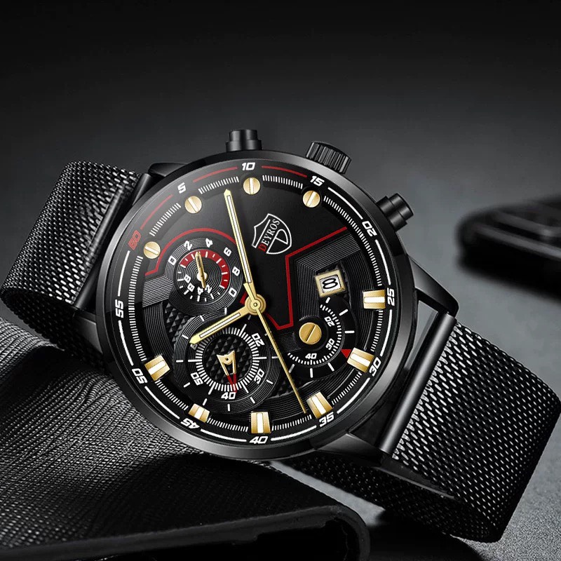 Đồng hồ nam DEYROS thiết kế thể thao dây thép lưới đen chạy lịch ngày cao cấp Sporty Design
