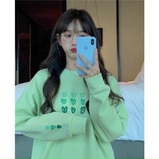 Áo Khoác Hoodie Nữ Logo Thêu Trái Tim Vải Nỉ Tay Phồng Thêu 9 Hình Lá Phối Nón 2 Lớp Phong Cách Ulzzang
