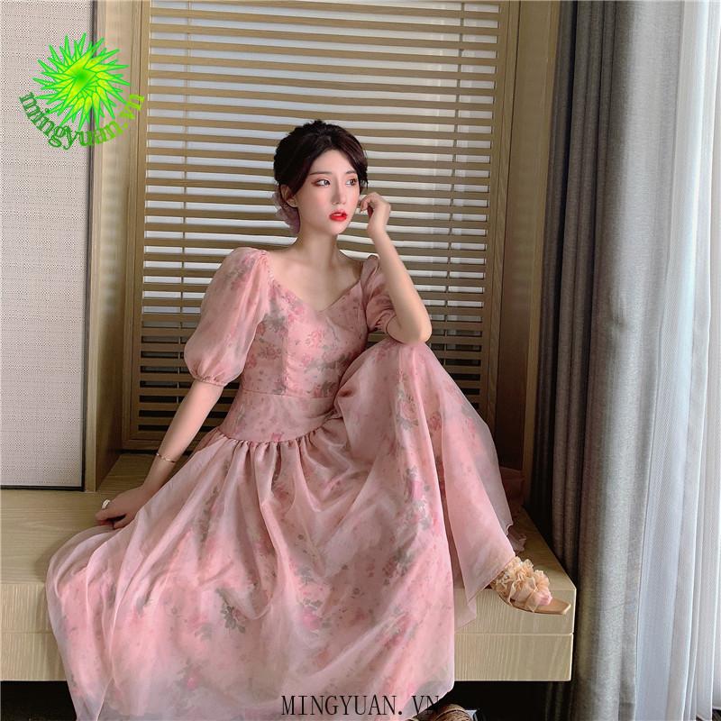 Đầm Nữ Tay Phồng Cổ Chữ V Thời Trang Retro