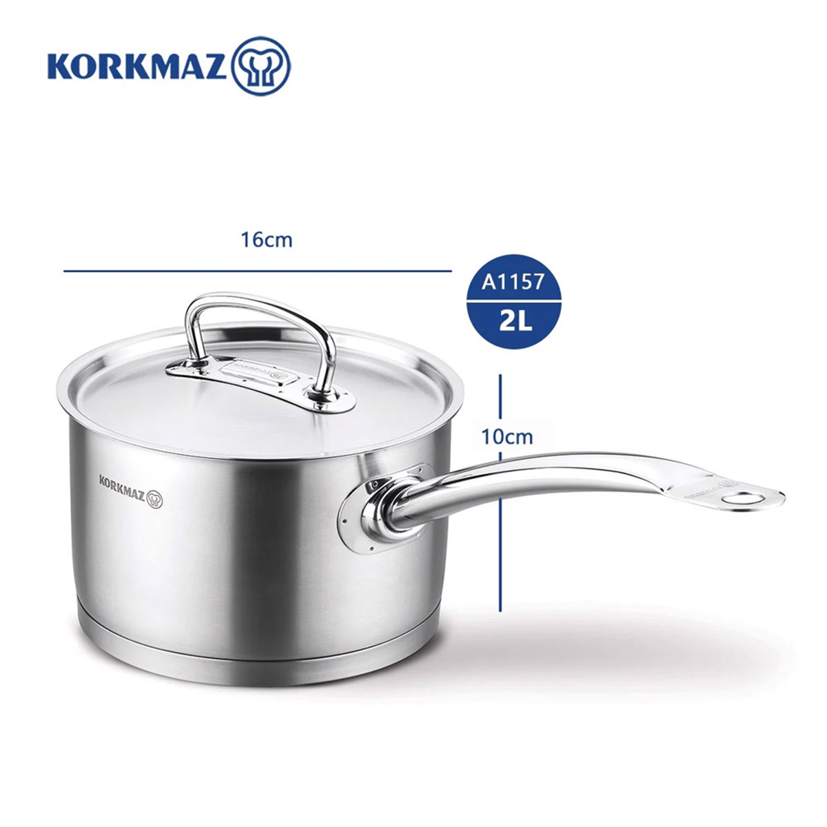 Quánh inox 18/10 Korkmaz Proline 2 lít có nắp - 16x10 cm