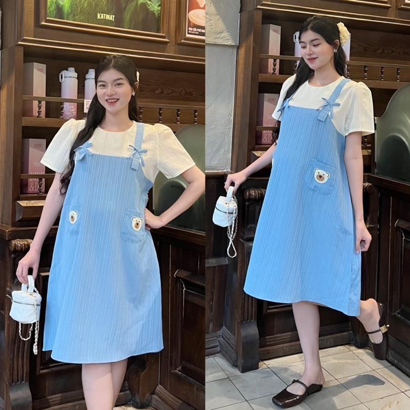 Đầm bầu yếm liền phối túi dễ thương xinh xắn, đầm bầu xinh sang chảnh đi làm đi chơi đều xinh - Nâu