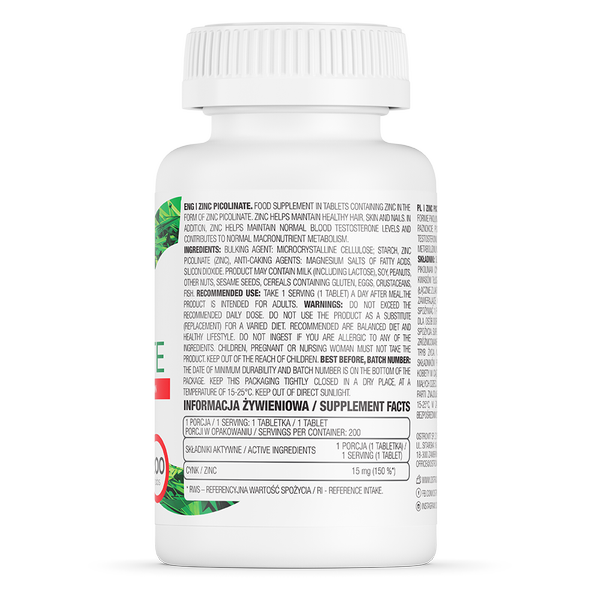 Ostrovit Zinc Picolinate - Viên Uống Bổ Sung Kẽm, Tăng Cường Hệ Miễn Dịch, Giảm Viêm Mụn, Điều Hòa Nội Tiết