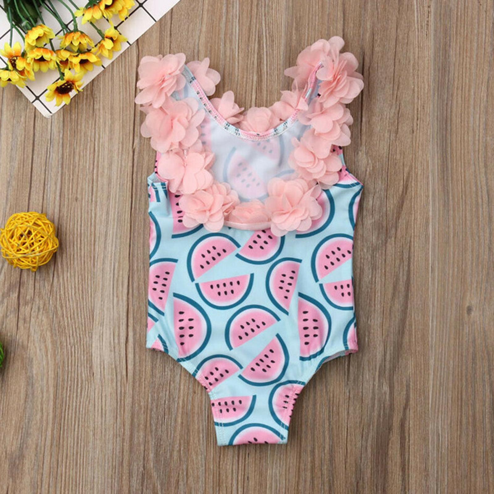 One-Piece Baby Girl Swimsuit Watermelon 6-24 Months 2-4 Years Infant Toddler Swimwear Bikini Bathing Suit with Floral Decorative V Neck