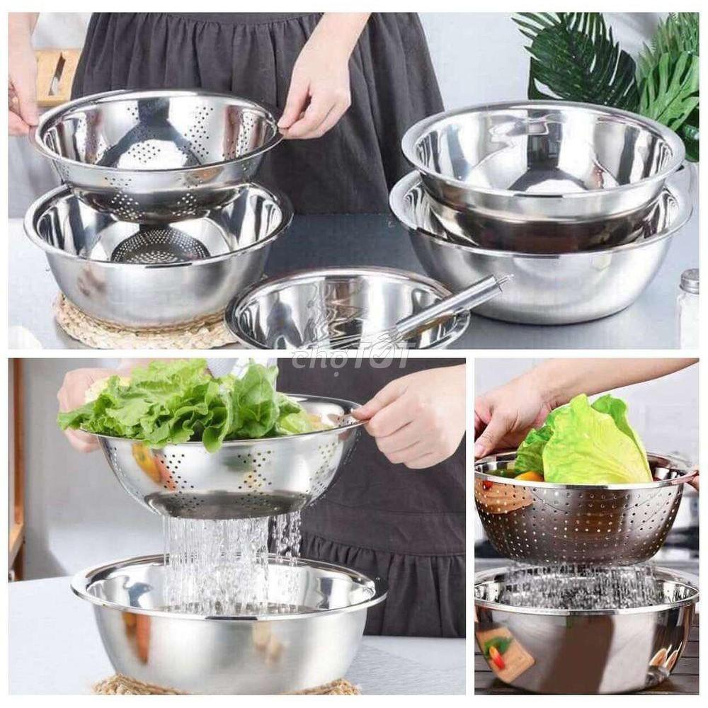Bộ rổ inox 5 món - 1 rổ, 4 chậu - Thau rổ inox bộ 5 món cao cấp