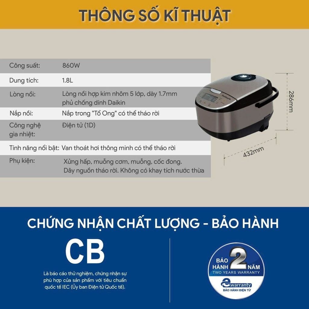 Nồi Cơm Điện Tử BlueStone RCB-5938 1.8 Lít 860W - Hàng chính hãng