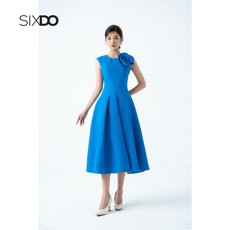 Đầm midi xòe hoa vai sang trọng thời trang SIXDO