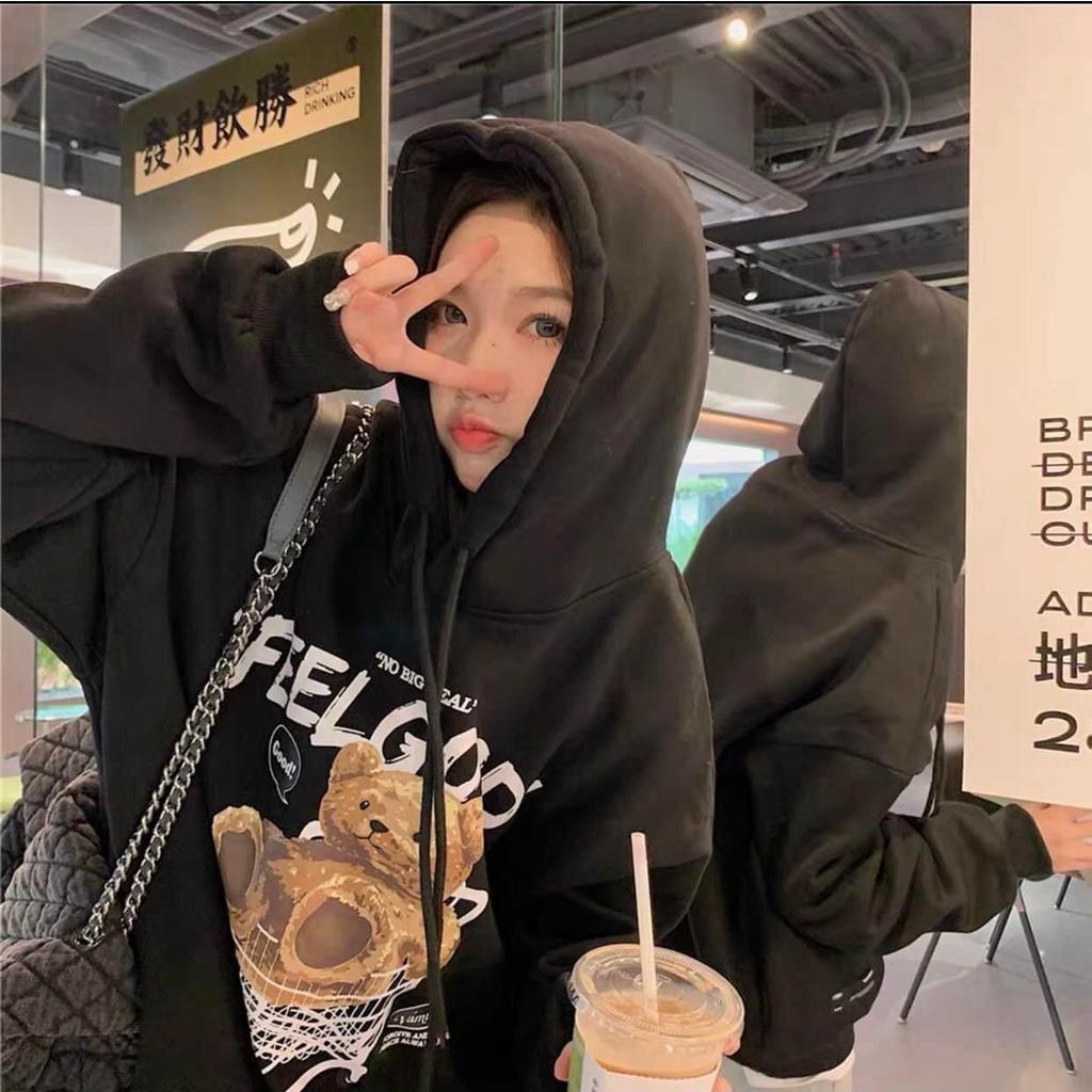 ÁO KHOÁC HOODIE NAM NỮ FORM RỘNG TAY PHỒNG MÀU BE VẢI NỈ DÀY MỊN, ÁO HOODIE UNISEX IN GẤU FEELGOOD