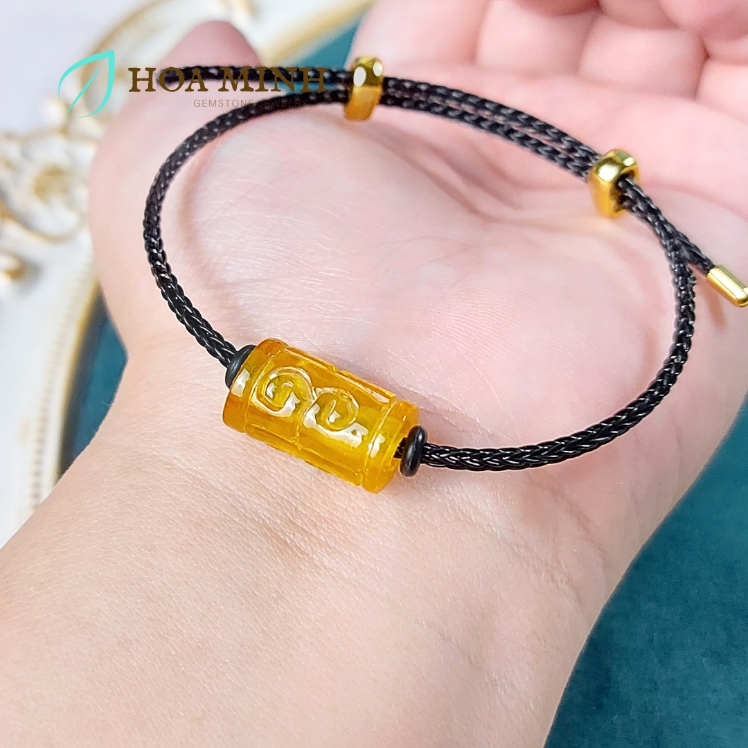 Vòng tay dây cáp phối lu thống Hổ Phách size 10x16.9 li chạm khắc vân mây may mắn