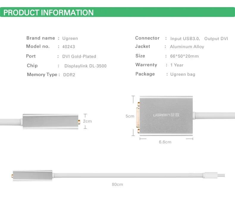 Ugreen UG4024340243TK 80CM Cáp chuyển USB 3.0 sang DVI 24 + 5 cao cấp - HÀNG CHÍNH HÃNG