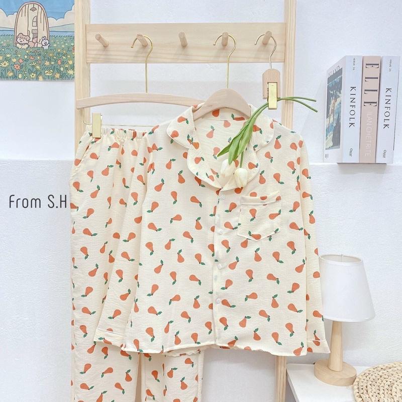 Bộ đồ ngủ nữ, bộ đồ pizama dài tay chất liệu xốp đũi Hàn mềm.