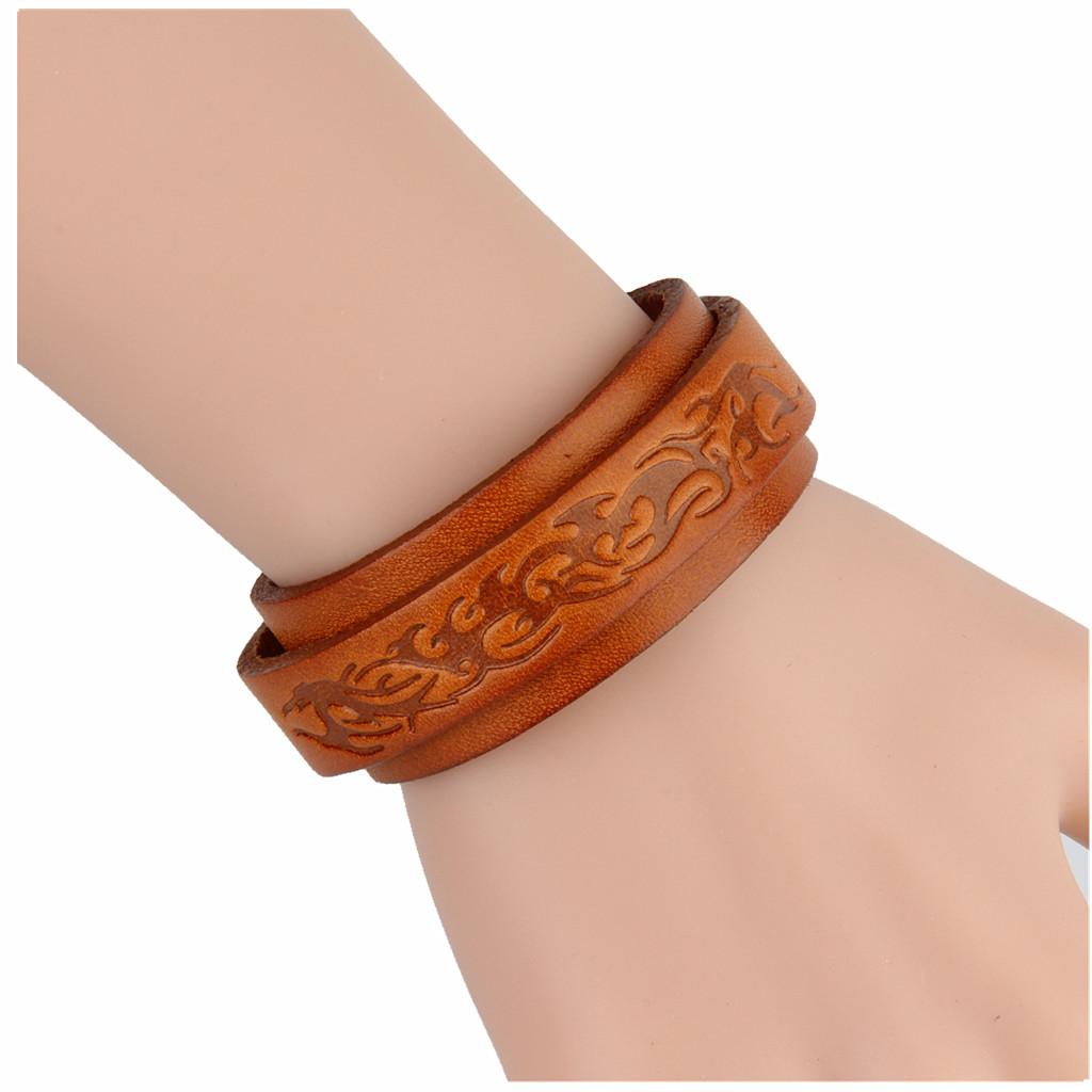 Handmade Double Layers Wide Mens Leather Cuff Bracelet Bangle Pattern