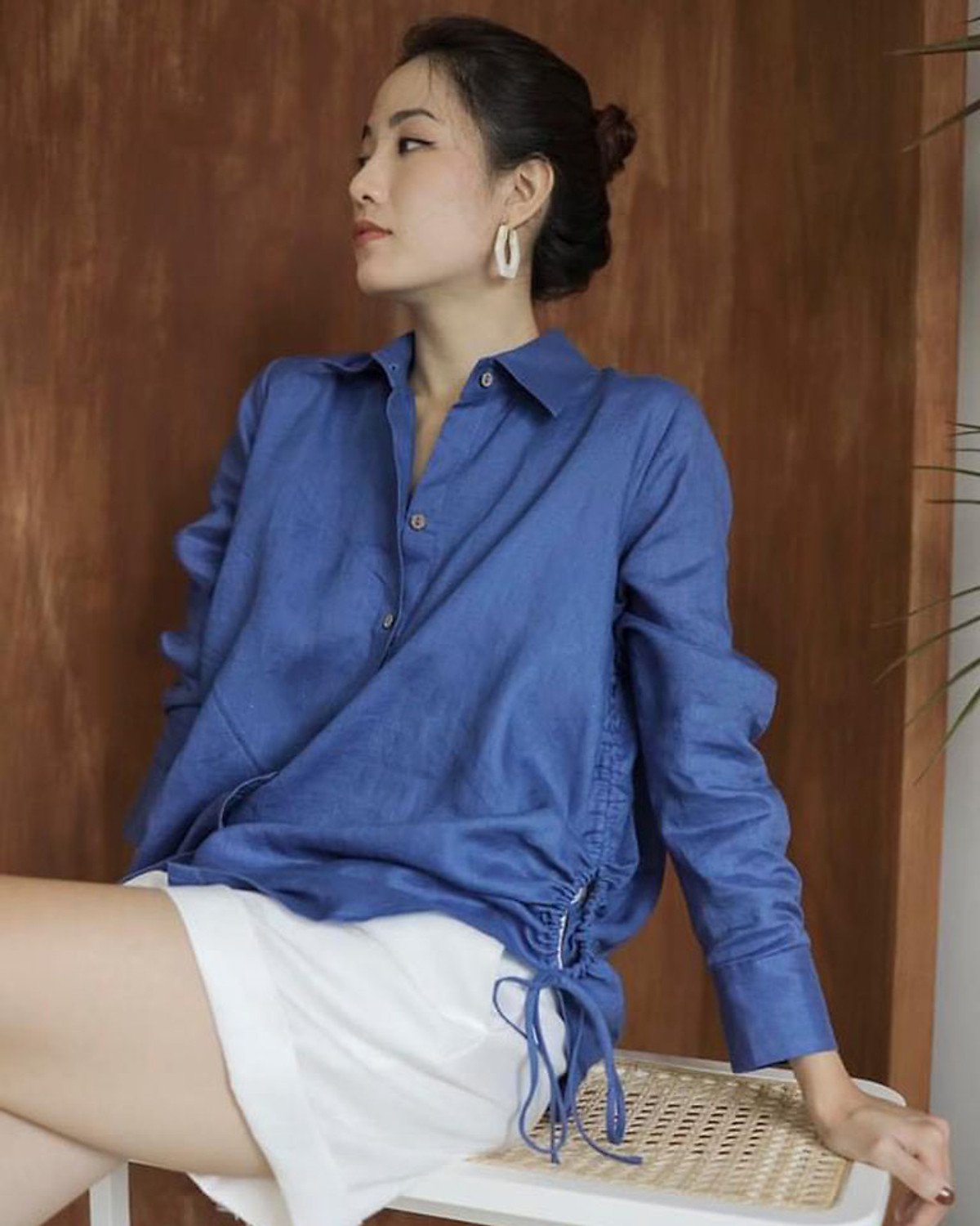 Sơ mi nữ linen form rộng rút eo trẻ trung
