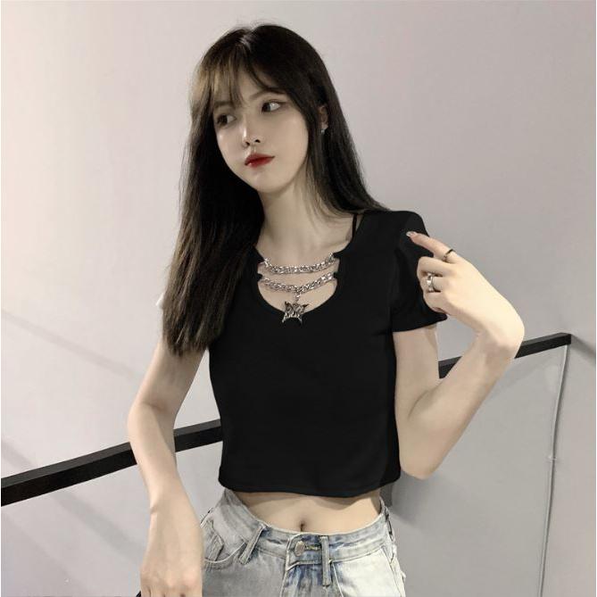 Xả kho áo crotop ôm phối xích cánh bướm siêu xinh Áo thun body tay ngắn cá tính hàng bom giá rẻ