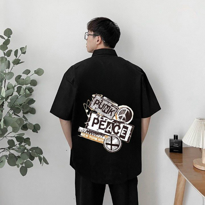 Áo Sơ Mi Tay Ngắn  Dáng Rộng Unisex Hoạ Tiết Punk Peace Phong Cách Đường Phố