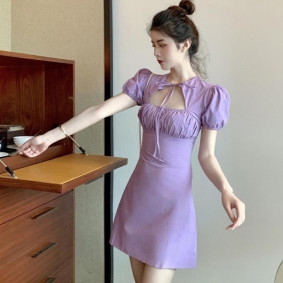 TBL-Ảnh thật Váy đầm nữ dáng ôm nhúm ngực cột dây tay con khoét ngực đen tím trắng