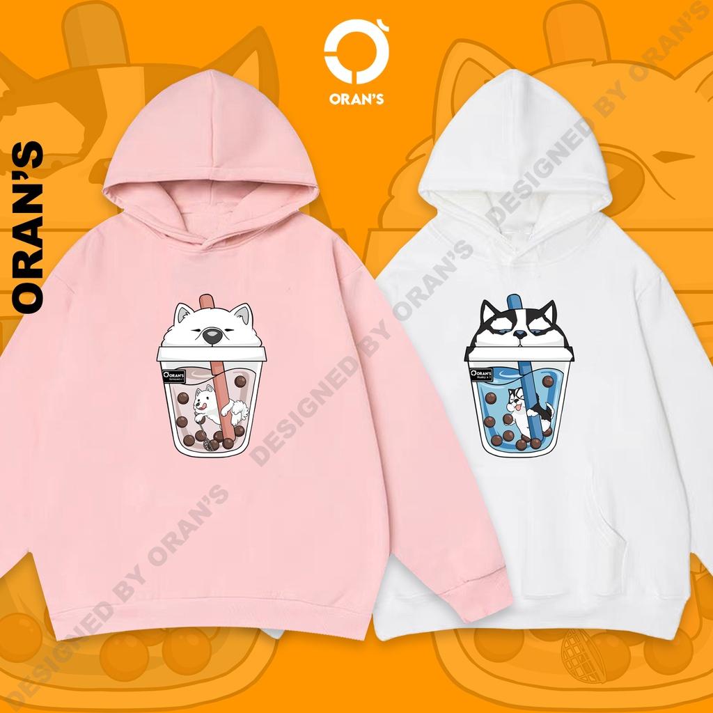Áo Hoodie đôi in hình trà sữa 4 màu chất nỉ cotton lót bông cao cấp form rộng unisex - ORAN'S HOODIE COUPLE 08