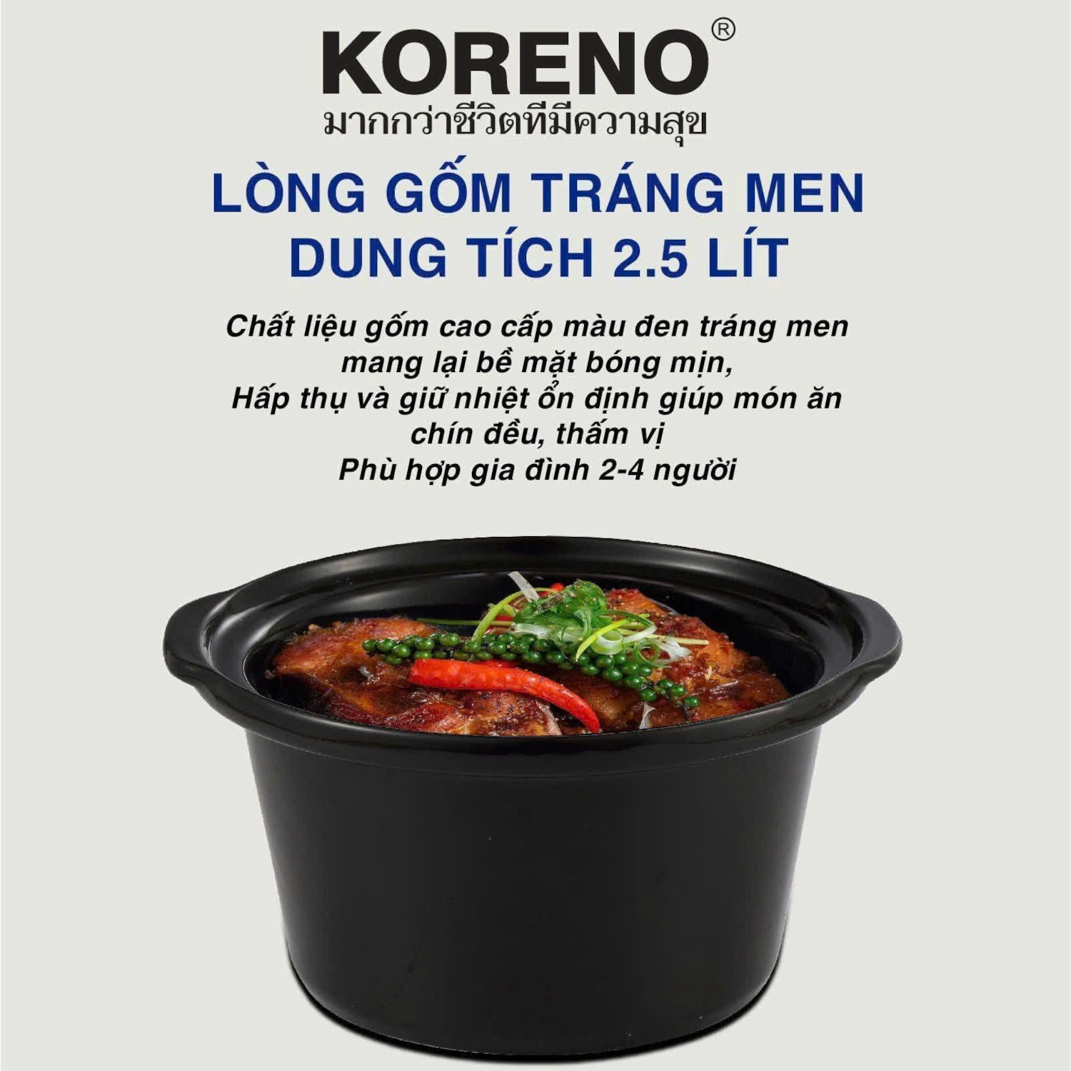 Nồi nấu chậm, kho cá, ninh xương Koreno Thái Lan 2.5L KN-825 - hàng chính hãng
