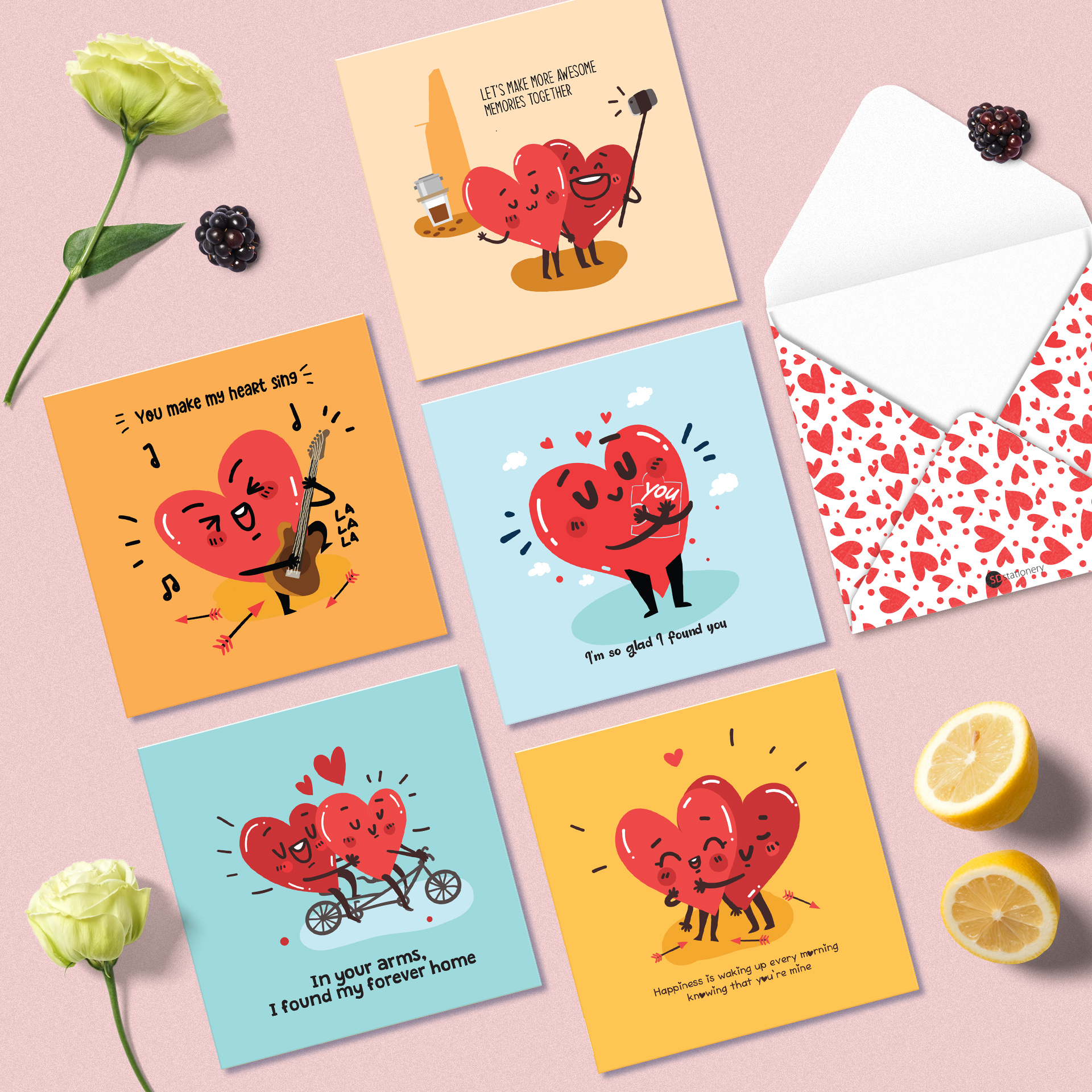 Set 5 thiệp tình yêu Valentine SDstationery Love Hearts, minh họa cặp đôi trái tim dễ thương vui nhộn, khổ vuông 12x12cm