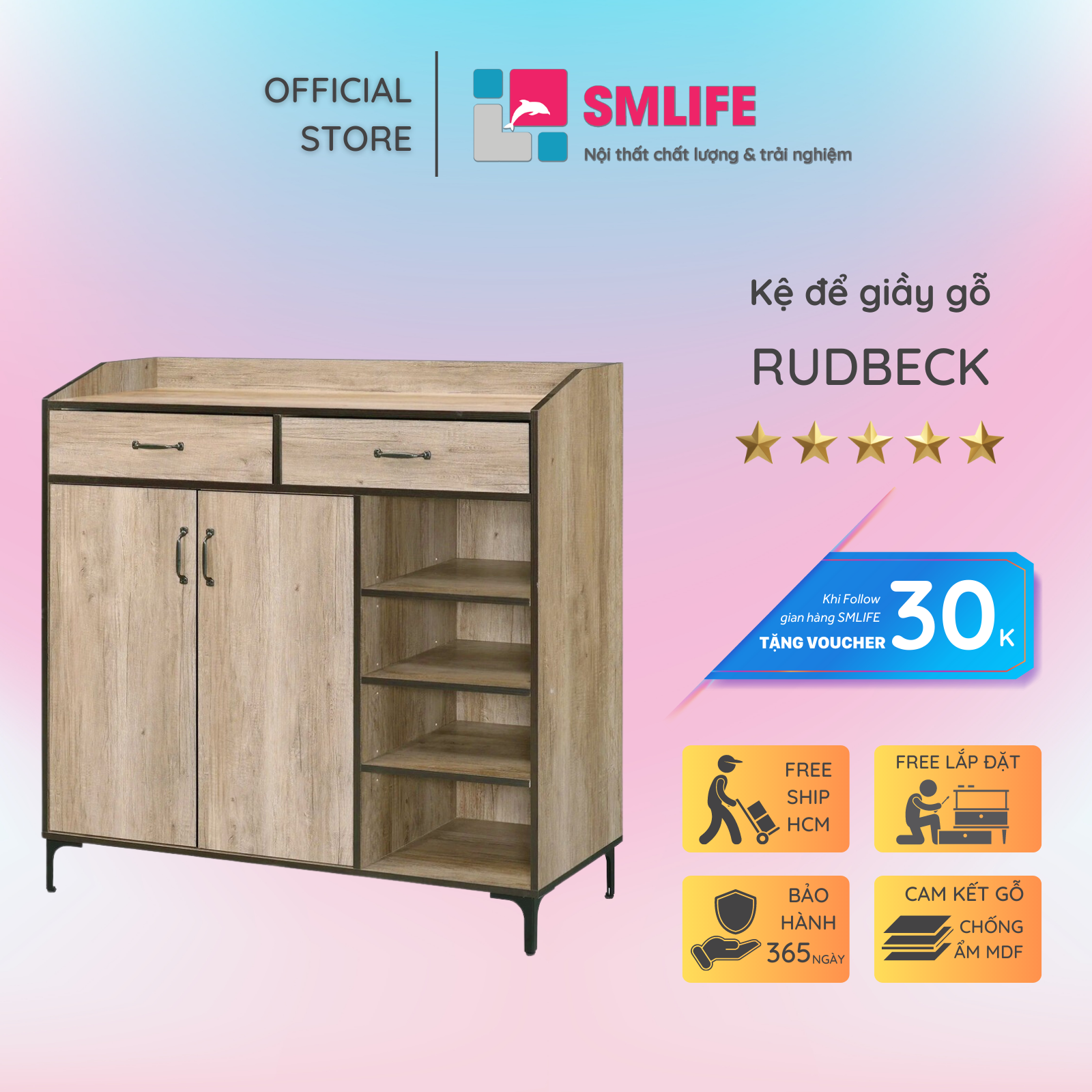 Kệ để giầy gỗ hiện đại SMLIFE Rudbeck | Gỗ MDF dày 17mm chống ẩm | D120xR40xC120cm