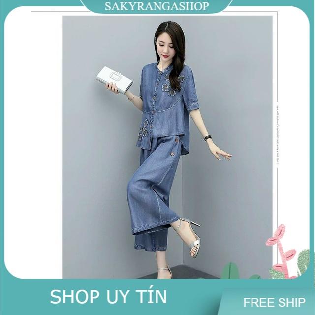 HÀNG NHẬP - SÉT BỘ QUẦN JEAN ỐNG RỘNG ÁO KẾT HOA