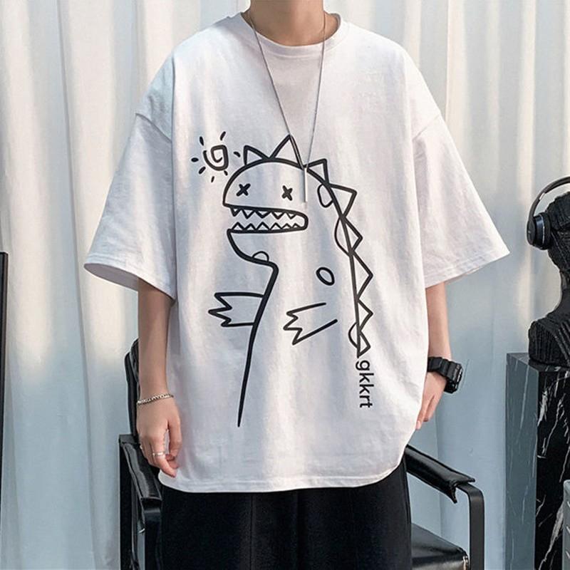 Áo phông nam nữ unisex tay lỡ thun form rộng teen cổ tròn oversize cotton giá rẻ basic đen trắng tee pull freesize KHỦNG LONG DỄ THƯƠNG