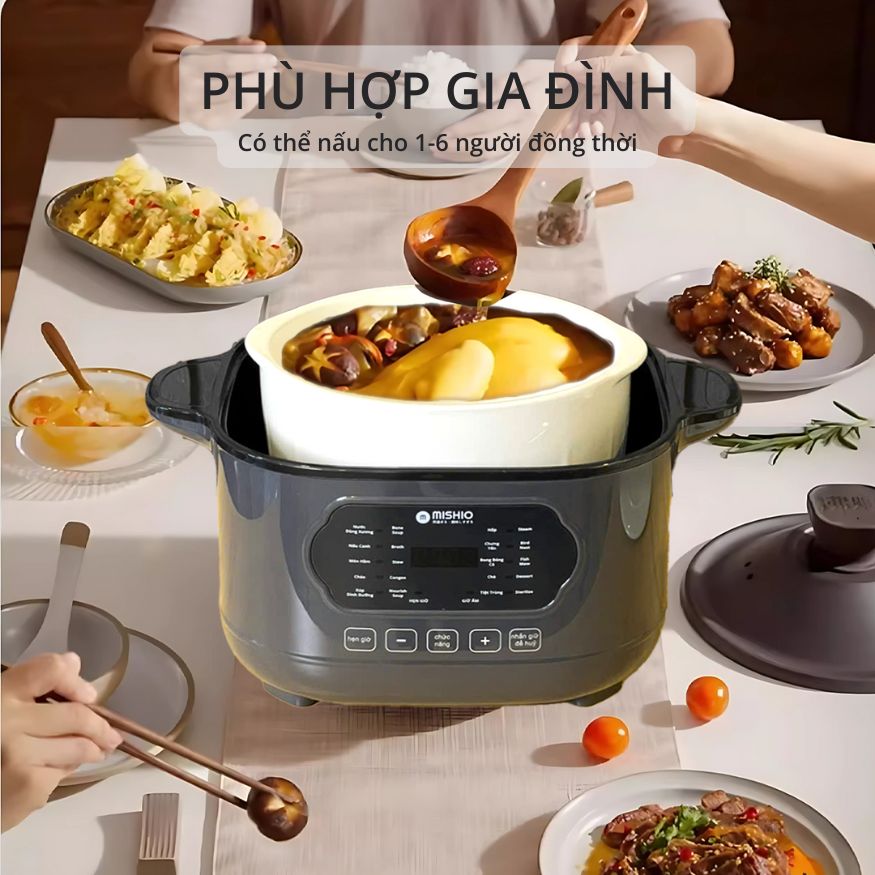 Nồi nấu chậm lòng sứ 3L Mishio MK397 kèm xửng hấp và 4 thố sứ tiện lợi không lo cháy khét hay bong tróc chống dính - Hàng chính hãng