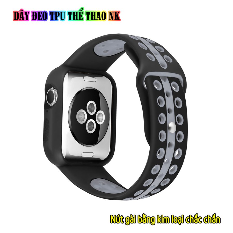 Dây Đeo liền ốp dành cho Apple Watch size 38/40/42/44mm TPU thể thao viền màu - Đen Xám (tặng dán KCL theo size)