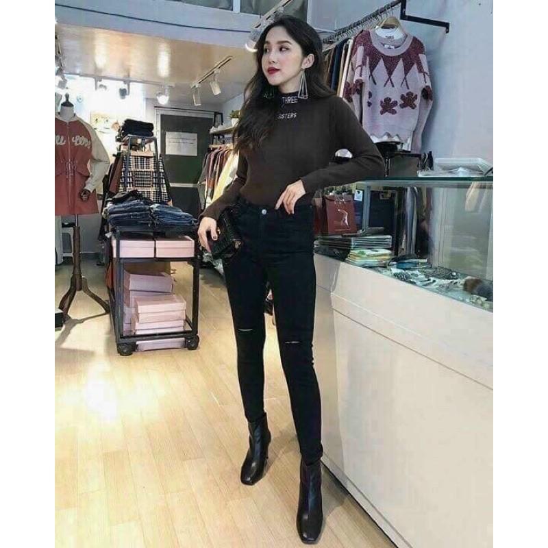 Quần Jeans Nữ Rách Gối Màu Đen