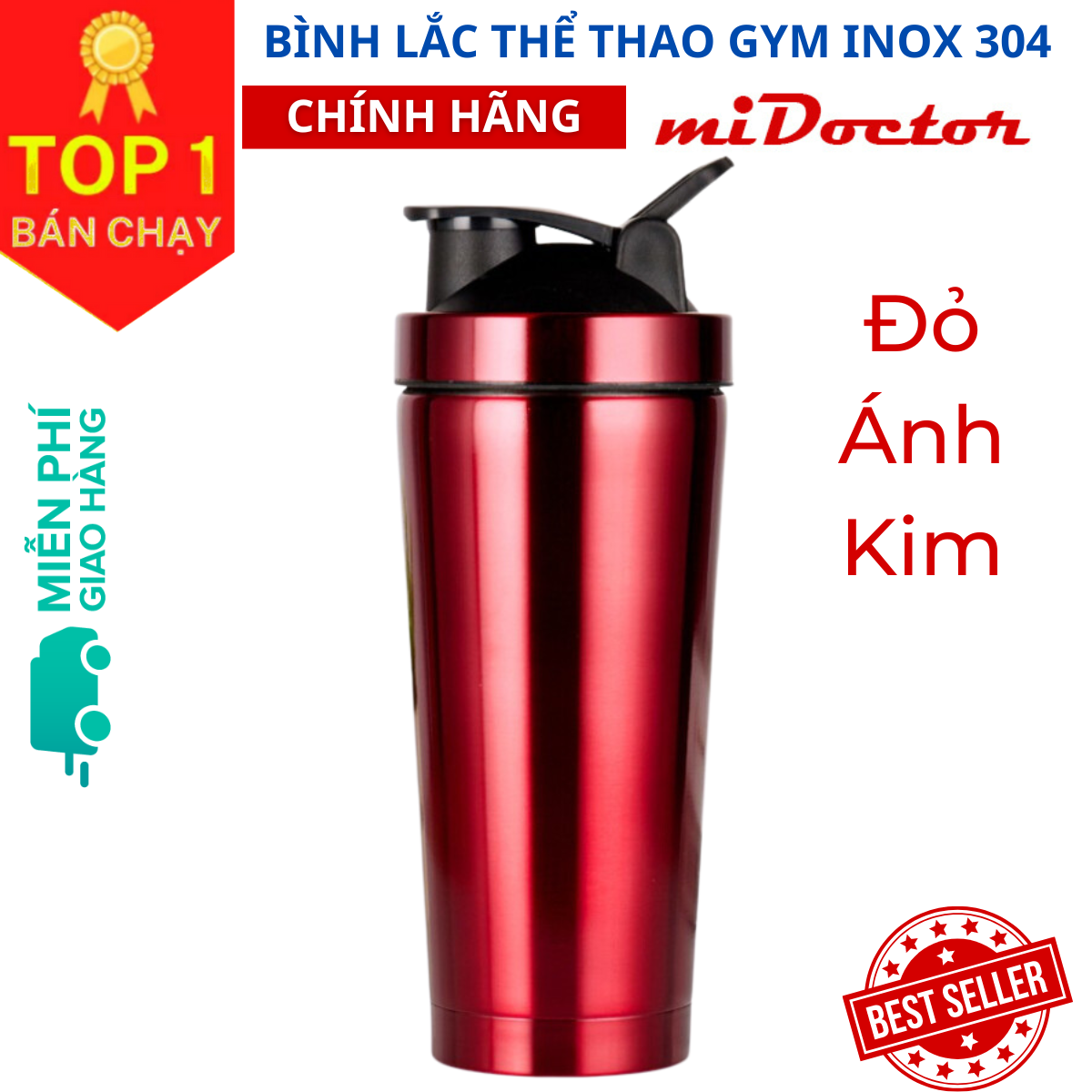 [Màu Đỏ Ánh Kim] Bình Lắc Thể Thao Shaker Tập Gym Inox 304 - Hàng Chính Hãng miDoctor