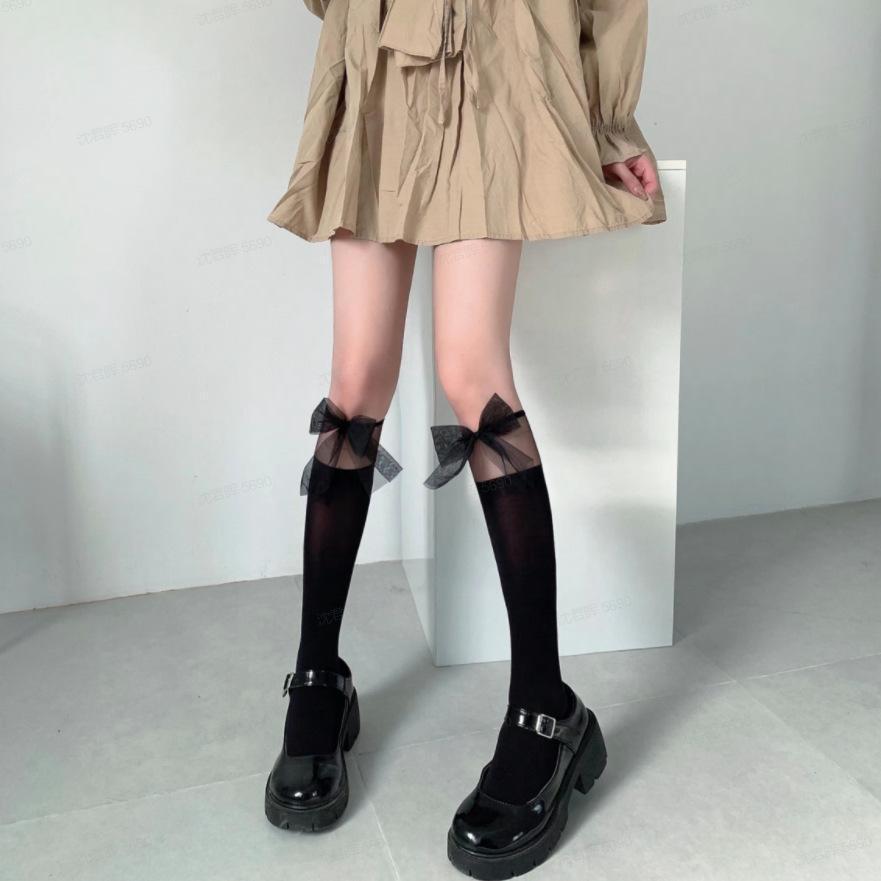 Tất vớ cao đến bắp chân Viền Trong Suốt Đính Nơ phong cách thời trang Lolita Nhật Bản, cá tính cho nữ - khositatvo Voan Màu Đen